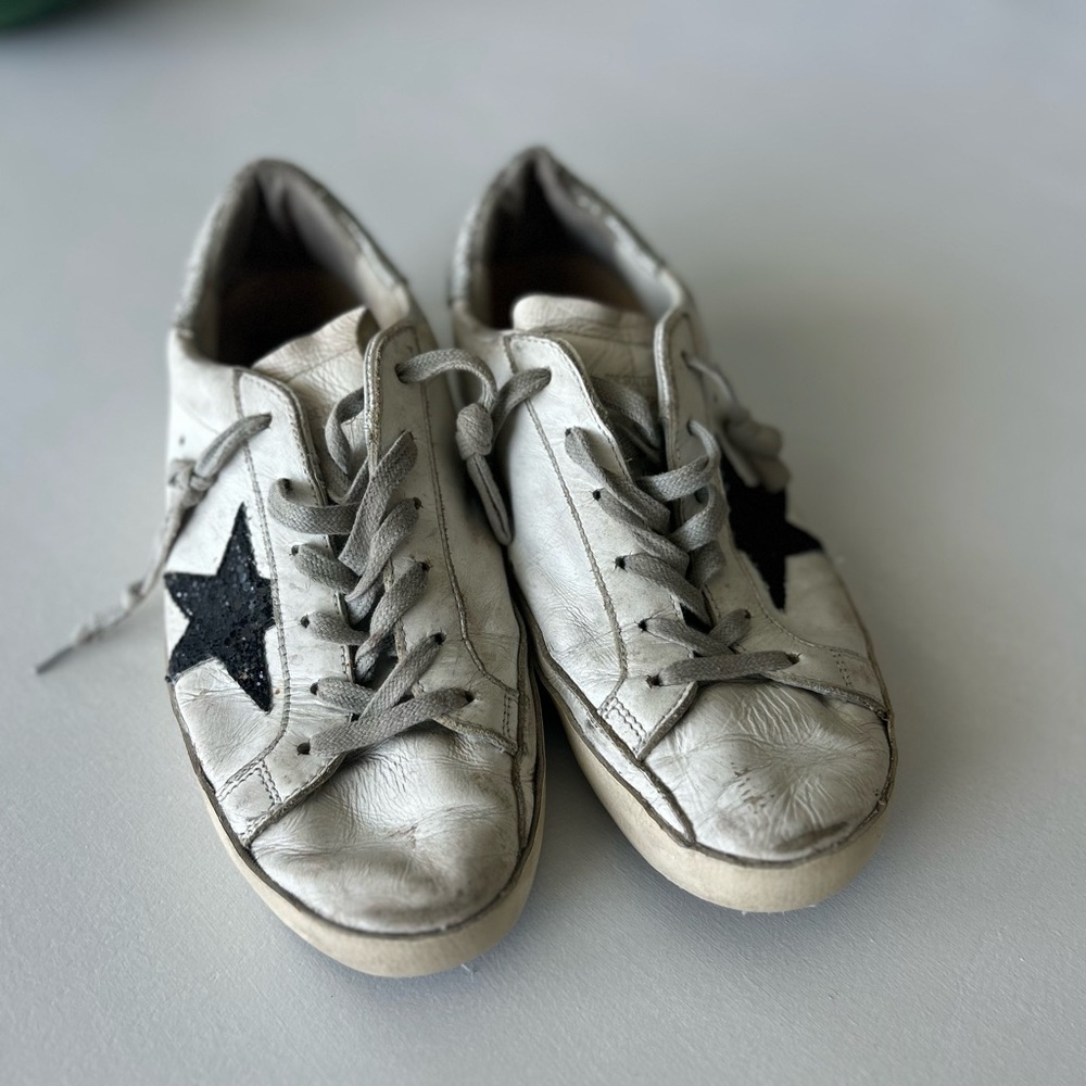 Golden Goose White and Black Star Distressed Sneakers